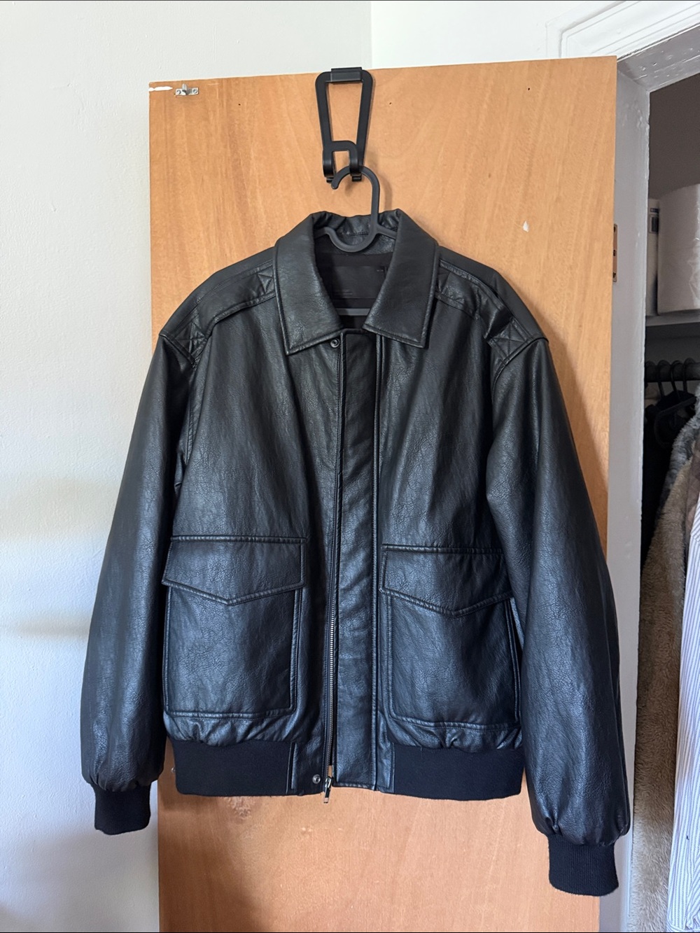 Oak+Fort Men's Black Vegan Leather Bomber Jacket - Classic Zip Front